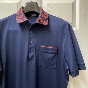 Murano Liquid Luxury Men's L Navy Slim Fit Floral Collar Pocket 4 Button Polo